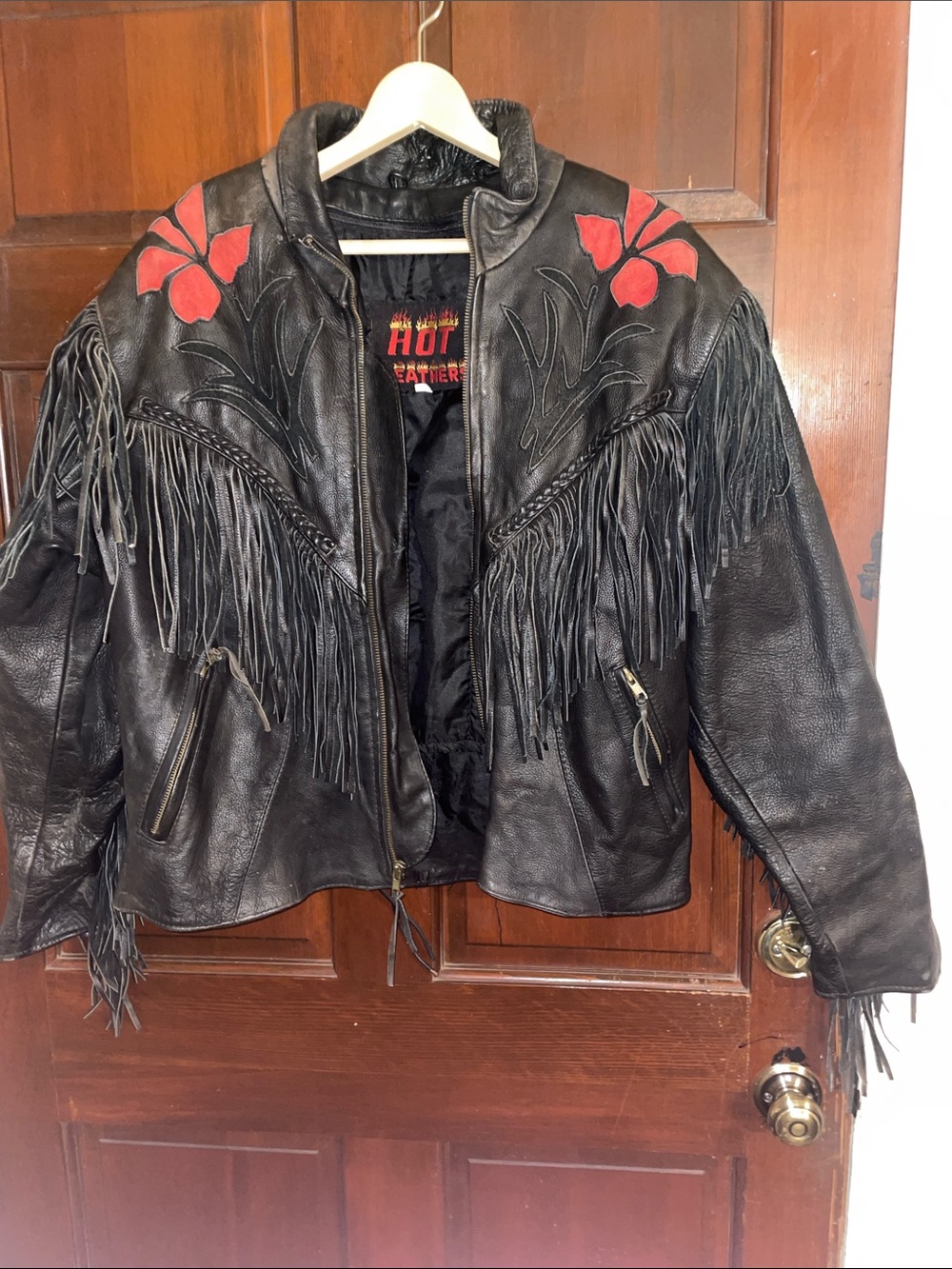 Women's Black Leather Fringe Jacket with Red Floral Accents by Hot Leather
